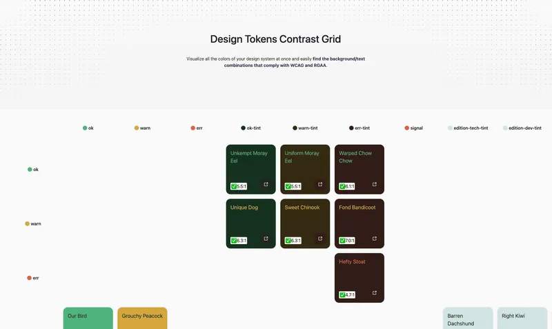 Screenshot of a website with a grid of squares with different color combinations of text and background.