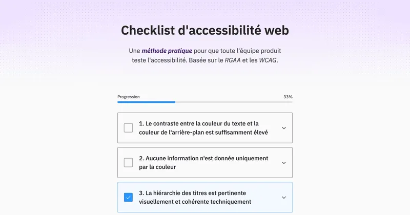 Screenshot of a website with the title 'Checklist d'accessibilité web' above a list of checkboxes.