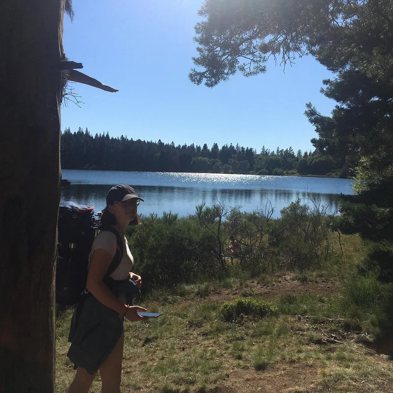 A hiker with a backpack standing by a calm lake surrounded by pine trees