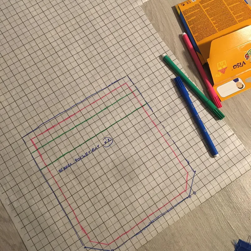 A sewing pattern drawn in colored pen on graph paper