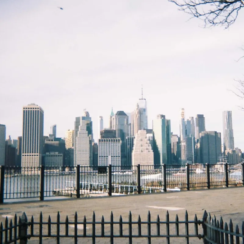 Lower Manhattan skyline viewed across the East River from Brooklyn Bridge Park