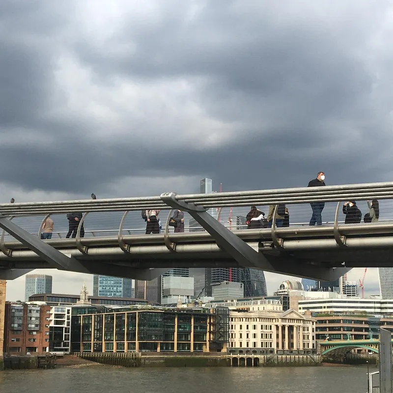 Pedestrians crossing the Millennium Bridge with the London skyline under stormy clouds