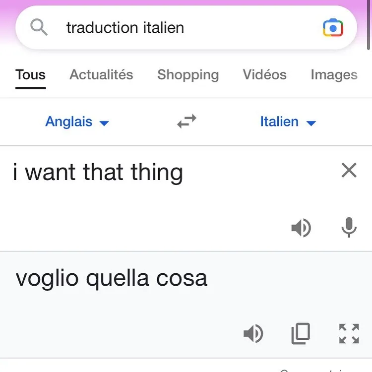 A Google Translate screen translating "i want that thing" to "voglio quella cosa" in Italian