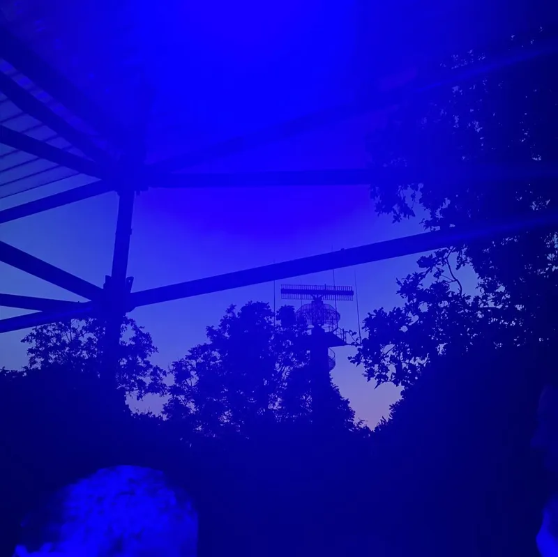Tree and structure silhouettes under an intense blue light at dusk