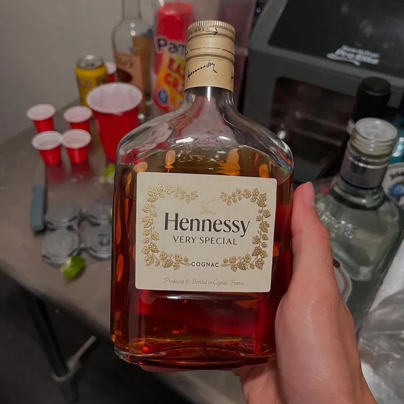 A hand holding a bottle of Hennessy cognac