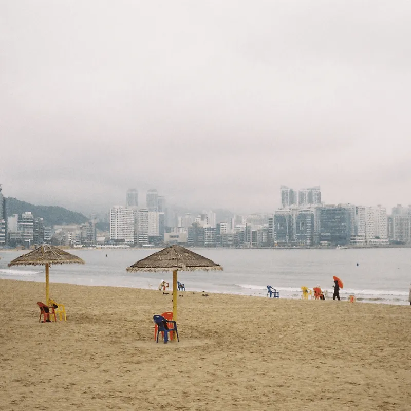 A beach with parasols and chairs on the sand in front of the sea in Busan on a foggy day